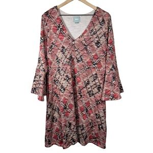 Maeve Anthropologie XL Sweater Swing Dress Knit Bell Sleeve Pink Argyle Print